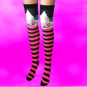 Cat Face Over-the-Knee Socks - Pink and Black Stripes